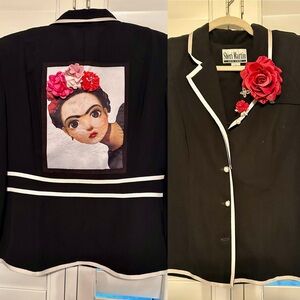 FRIDA KAHLO upcycled blazer jacket with brooches 14 XL
